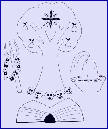 Tree with a dark and light flower, book in foreground