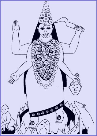 A temple image of Kali, garlanded with many flowers